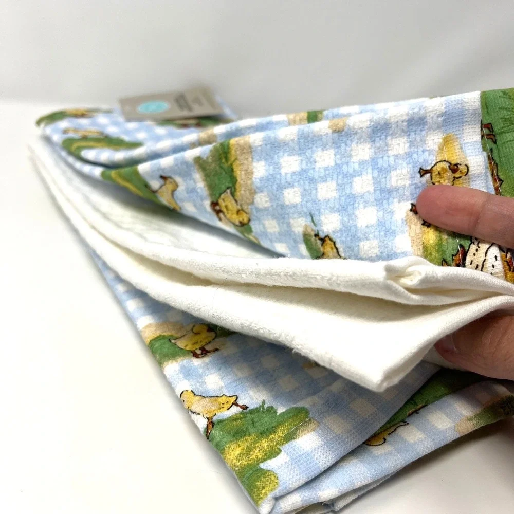 Martha Stewart Kitchen Towels (3) Ducks Blue Check White 100% Cotton NWT Goose